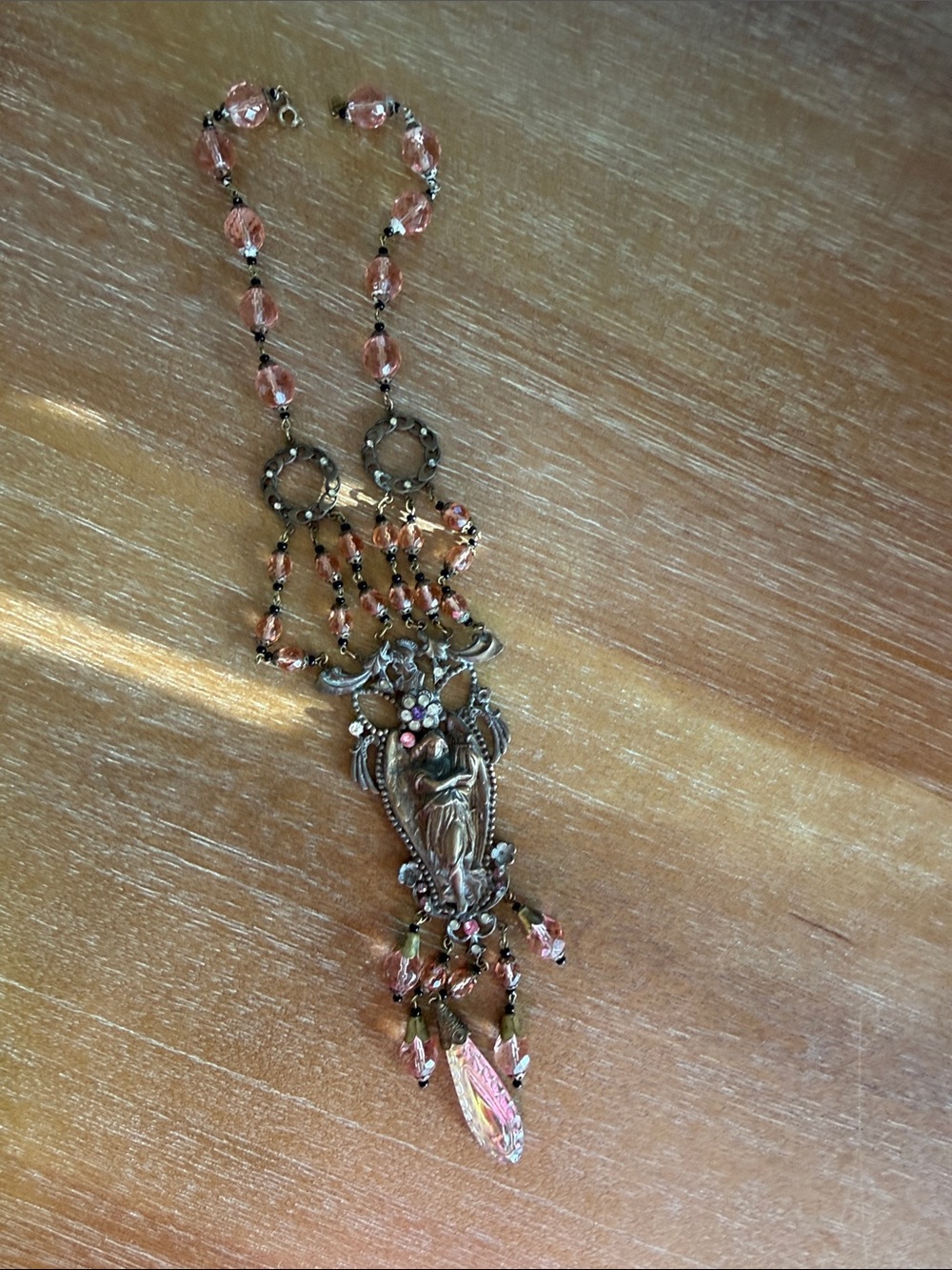 Vintage Art Deco Czech Style Brass Sautoir Necklace Angel Harp Athena Goddess